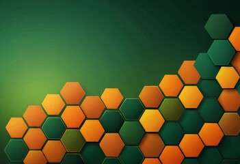 Poster - a repeating pattern of hexagonal shapes in various shades of green and orange, arranged in a diagonal line against a dark green background