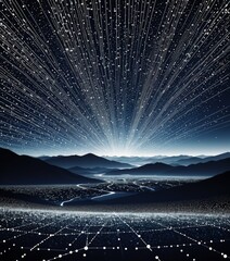 Poster - a serene night sky with a starry expanse and a radiant sun peeking through the clouds, casting a warm glow over a mountainous landscape