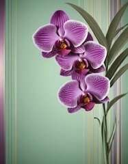 Poster - Three purple orchid flowers with yellow centers are displayed against a green background with gold stripes