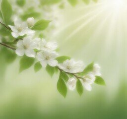 Poster - A branch of white flowers with green leaves is set against a blurred green background, with sunlight rays shining through the leaves
