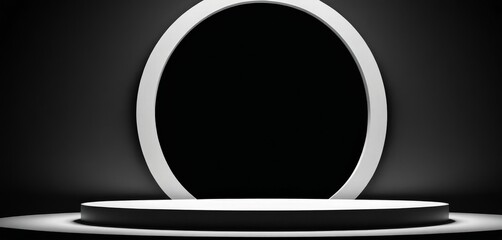 Poster - A minimalist black and white white podium with a circular opening, set against a dark background