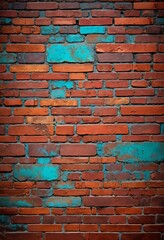 Fototapete - a close-up view brick wall, with the bricks exhibiting a mix of red and blue hues The bricks are arranged in a pattern, creating a textured and visually interesting surface