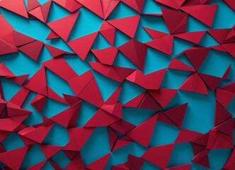 Poster - a geometric pattern composed of numerous red triangles arranged in a random, overlapping manner against a blue background