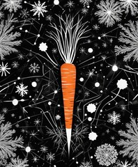 Aufkleber - a vibrant orange carrot with a white stem, set against a black background adorned with white snowflakes and stars