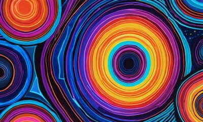 Poster - a vibrant abstract pattern composed of concentric circles in various colors, including orange, blue, purple, and yellow, creating a visually striking and dynamic composition