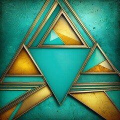 Poster - a geometric composition of overlapping triangles in various shades of blue and gold, set against a textured green background.