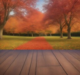 Poster - A serene autumn scene unfolds in a park, with a path lined with vibrant orange and red leaves leading towards a wooden platform The park is lush with green grass and