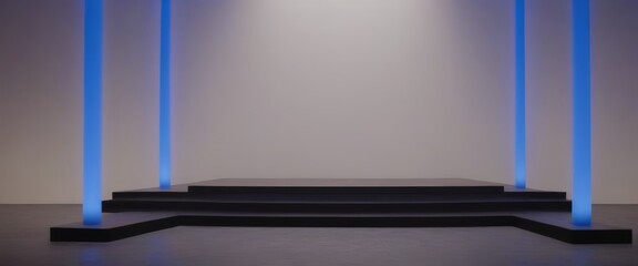 Aufkleber - A minimalist stage with a black platform, three blue pillars, and a white wall backdrop