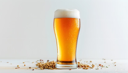 A glass of foamy beer on isolated white background