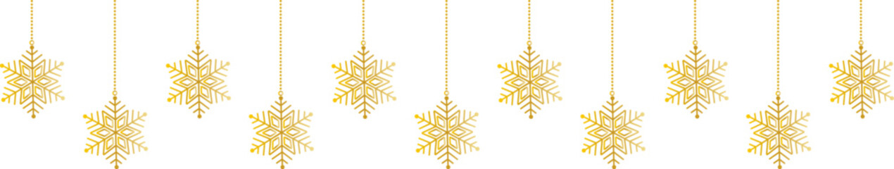 Fototapete - Christmas snowflakes golden line icon.Set of simple hanging golden christmas snowflake seamless border .Holiday christmas decoration. New Year seamless banner .Winter garland