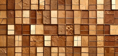 Poster - a close-up view of a mosaic made of small square tiles in various shades of brown, arranged in a grid-like pattern.