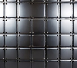 Poster - A close-up view metallic wall panel with a grid-like pattern of square tiles, each with a small square hole and a metal stud