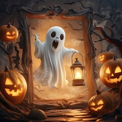 Wall Mural - Spooky Halloween invitation frame with a ghost, pumpkins, and a lantern for festive celebrations at night