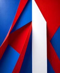 Poster - a geometric abstract composition with intersecting red, white, and blue lines and shapes, creating a dynamic and visually striking pattern