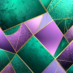 Poster - a vibrant abstract composition of intersecting lines and shapes in various shades of green, purple, and gold, creating a dynamic and visually striking pattern