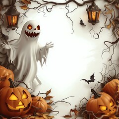 Wall Mural - Spooky Halloween invitation frame with eerie ghost, carved pumpkins, and lanterns for festive celebrations