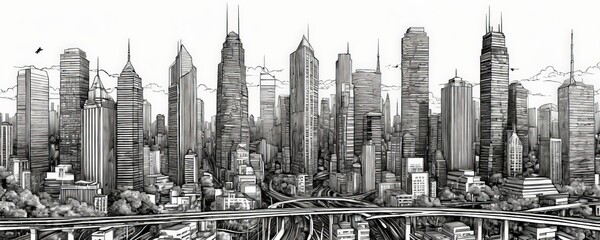 Poster - A black and white illustration cityscape with tall skyscrapers and a busy highway in the foreground