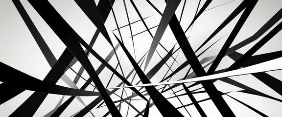 Poster - a striking black and white abstract composition featuring intersecting lines and thin black and white shapes, creating a sense of depth and complexity