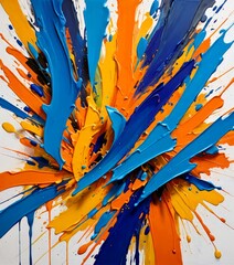 Poster - an abstract painting featuring a vibrant explosion of blue, orange, and yellow paint splatters against a white background.