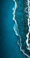Poster - The captures a serene aerial view tranquil ocean scene, with the deep blue water gently lapping against the shoreline The shoreline is adorned with white waves