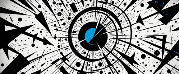 Poster - a striking abstract composition with a central blue circle surrounded by a black and white radial pattern of intersecting lines and dots