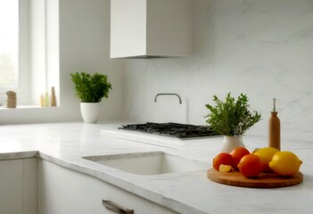 Poster - A modern kitchen with a white countertop, a gas range, and a wooden cutting board with fresh produce