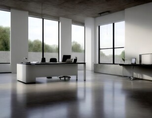 Poster - A modern, minimalist office space with large windows, a white desk, and a minimalist design aesthetic