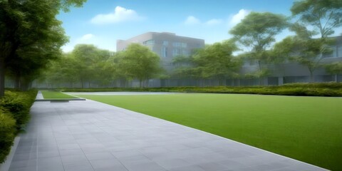 Poster - A tranquil park scene with a paved walkway, lush green grass, and trees in the background, under a clear blue sky
