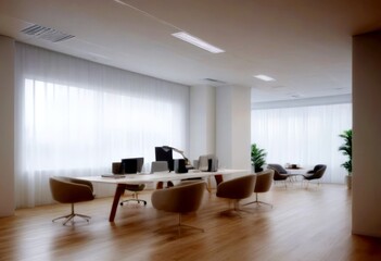 Aufkleber - A modern office space with a long table, chairs, and a computer setup, illuminated by natural light from large windows