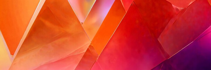 Poster - a vibrant abstract composition of overlapping triangular shapes in various shades of orange, pink, and purple, creating a dynamic and visually striking pattern