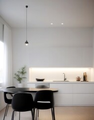 Poster - A modern kitchen with a minimalist design features a sleek black dining table, two black chairs, and a pendant light above the table