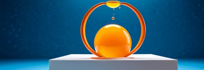 Fototapete - An orange egg-shaped object is suspended in mid-air within a circular frame, with a yellow liquid droplet hovering above it against a blue background