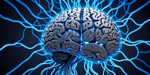 Leinwandbilder - A brain, with intricate blue lines radiating out from it, set against a dark background