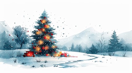 A serene winter landscape featuring a decorated Christmas tree amidst falling snow, evoking a festive holiday spirit.