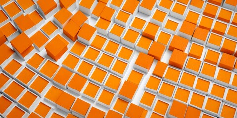 Poster - A geometric pattern composed of numerous orange cubes arranged in a grid-like formation, with some cubes slightly tilted to the right