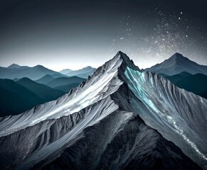 Aufkleber - A majestic mountain peak rises against a starry night sky, with a subtle blue glow emanating from the mountain's surface