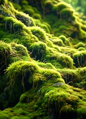 Aufkleber - A close-up view dense, lush growth of green moss covering a rock face, with sunlight filtering through the foliage