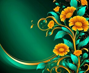 Poster - A vibrant floral arrangement with yellow flowers and green leaves is set against a dark green background with a gold-colored curved line.