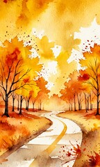 Poster - A watercolor painting depicting a winding road through a forest of autumn-colored trees, with splashes of yellow and orange paint throughout the scene