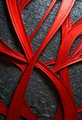 Poster - a striking abstract composition of curved red lines intersecting and overlapping against a dark background with a pattern of small circles