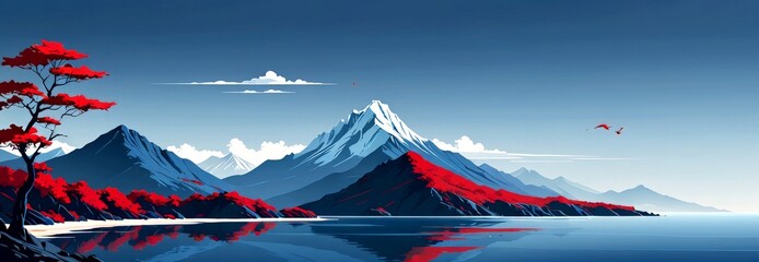 Aufkleber - A serene landscape with a mountain range, a lake, and a tree with red leaves, set against a clear blue sky with a few clouds.