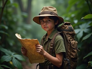 In a lush jungle filled with greenery, a young boy stands holding an old map, dressed for adventure. He appears focused and curious as he prepares to explore his surroundings.