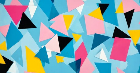 Poster - a vibrant abstract composition of overlapping triangular shapes in various colors, including pink, yellow, blue, and black, against a blue background