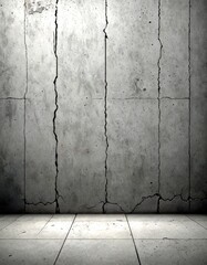 Poster - A black and white concrete wall with cracks, featuring a floor in the foreground