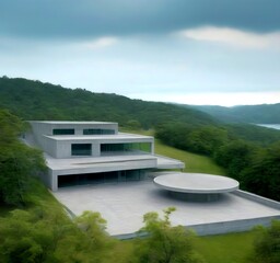 Aufkleber - The modernist house, with its unique design, sits atop a hill surrounded by lush greenery and a body of water The house features a flat roof, large windows, and a
