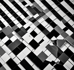 Poster - a black and white photograph building facade composed of numerous square tiles arranged in a diagonal pattern, creating a visually striking and geometric design