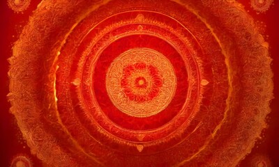 Leinwandbilder - a circular pattern with a central design and radiating lines, set against a deep red background