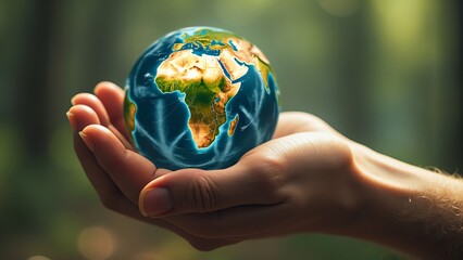 Hands Holding The Earth Globe In Nature Setting