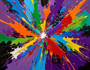 Poster - an abstract painting featuring a vibrant explosion of colors, with splashes of red, orange, yellow, green, blue, and purple radiating outwards from a central
