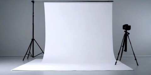 Poster - A white sheet hangs on a tripod, with a camera mounted on the tripod to the right, against a plain gray background